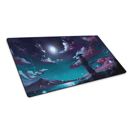 Neon night vaporwave mouse pad with navy blue and teal fantasy design featuring a lone figure under a starry sky
