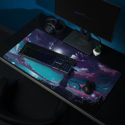 Neon night vaporwave mouse pad featuring a cosmic anime landscape with purples, teals, and glowing stars