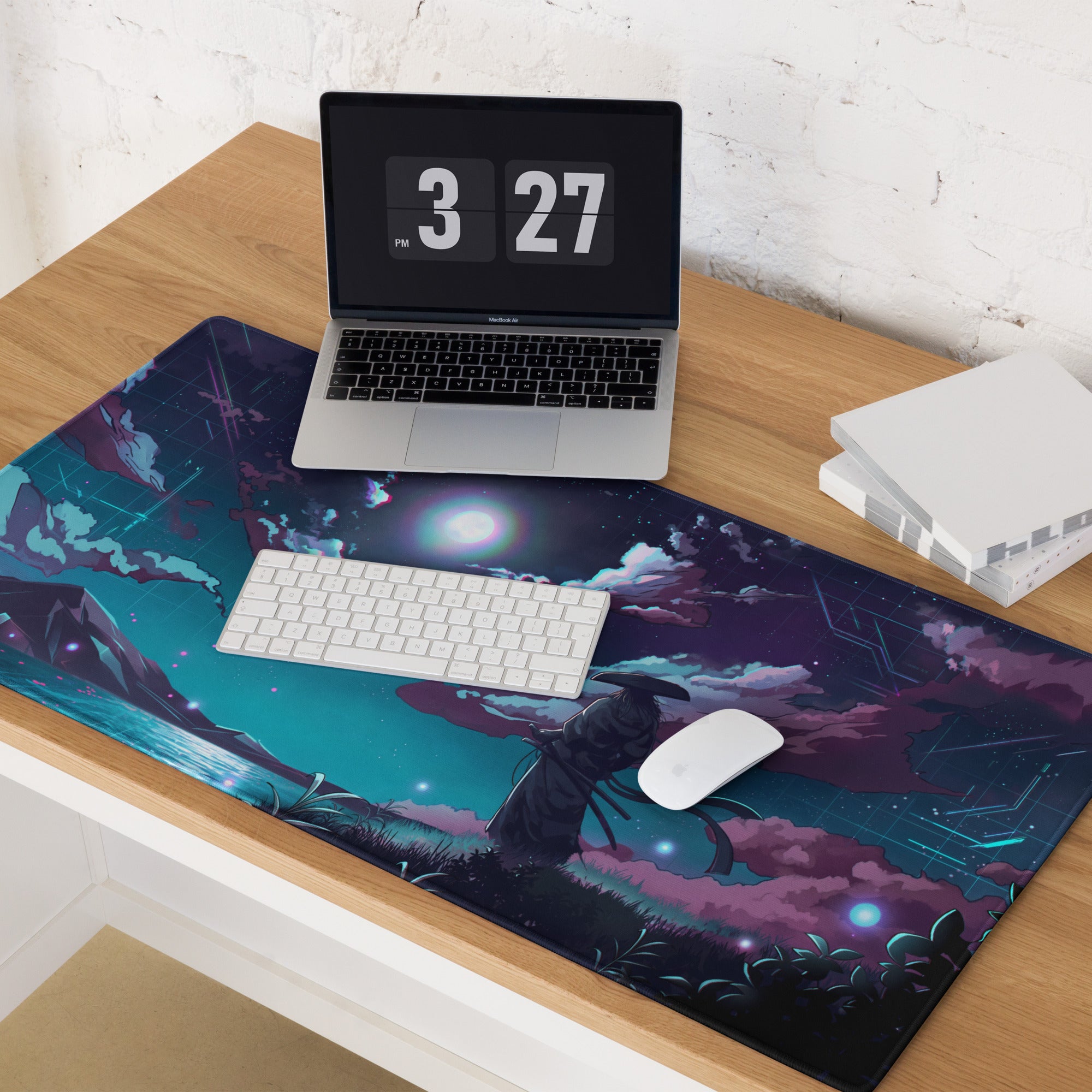 Neon night vaporwave mouse pad with a vibrant blue purple nebula design, glowing stars, and a silhouetted figure