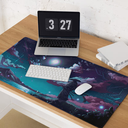 Neon night vaporwave mouse pad with a vibrant blue purple nebula design, glowing stars, and a silhouetted figure