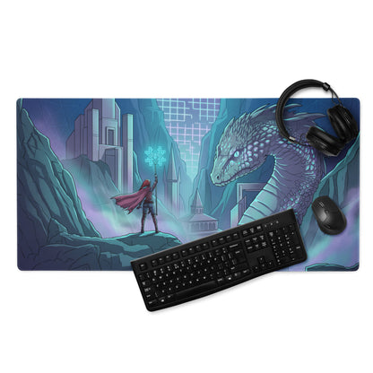 A rectangular vaporwave dragon neon gaming mousepad with a vibrant warrior and dragon in blue teal purple tones