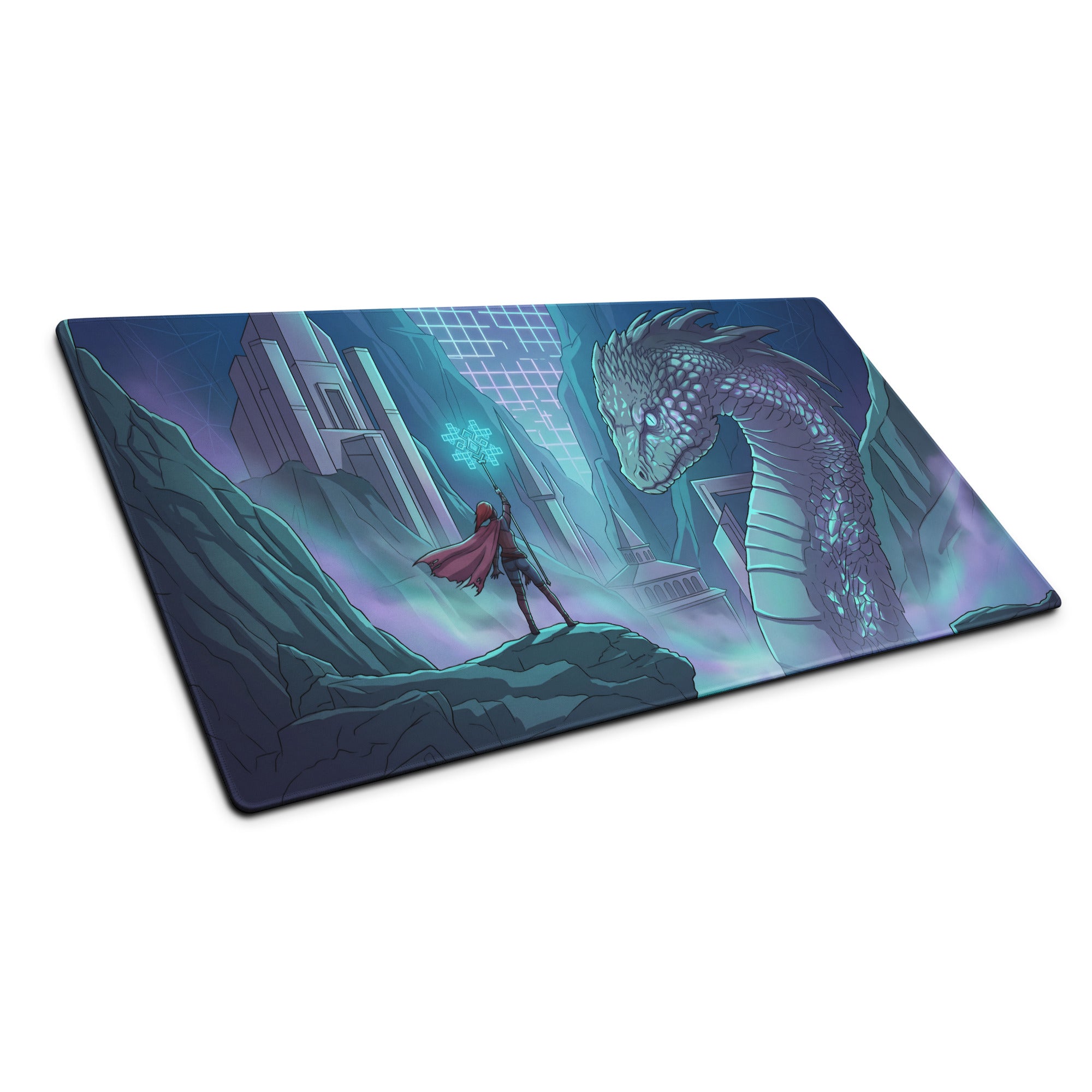 Vaporwave dragon neon gaming desk mat featuring a lone red armored figure and a blue teal purple dragon under twilight sky
