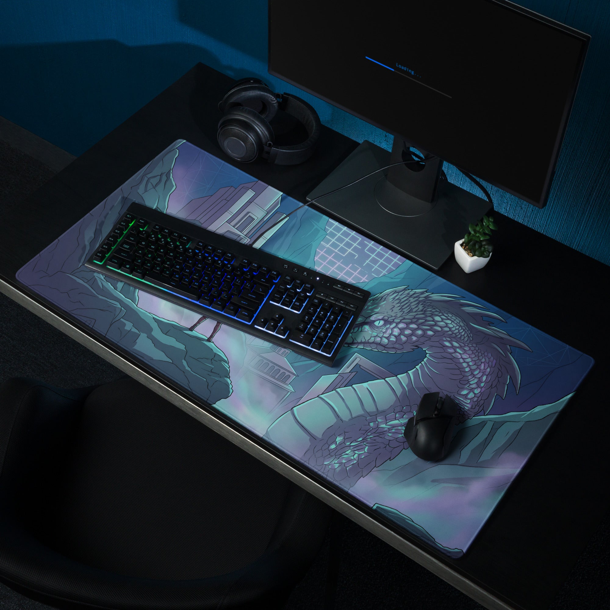 A large rectangular gaming mousepad featuring a purple and teal dragon coiled around ancient ruins under a twilight sky