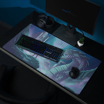 A large rectangular gaming mousepad featuring a purple and teal dragon coiled around ancient ruins under a twilight sky
