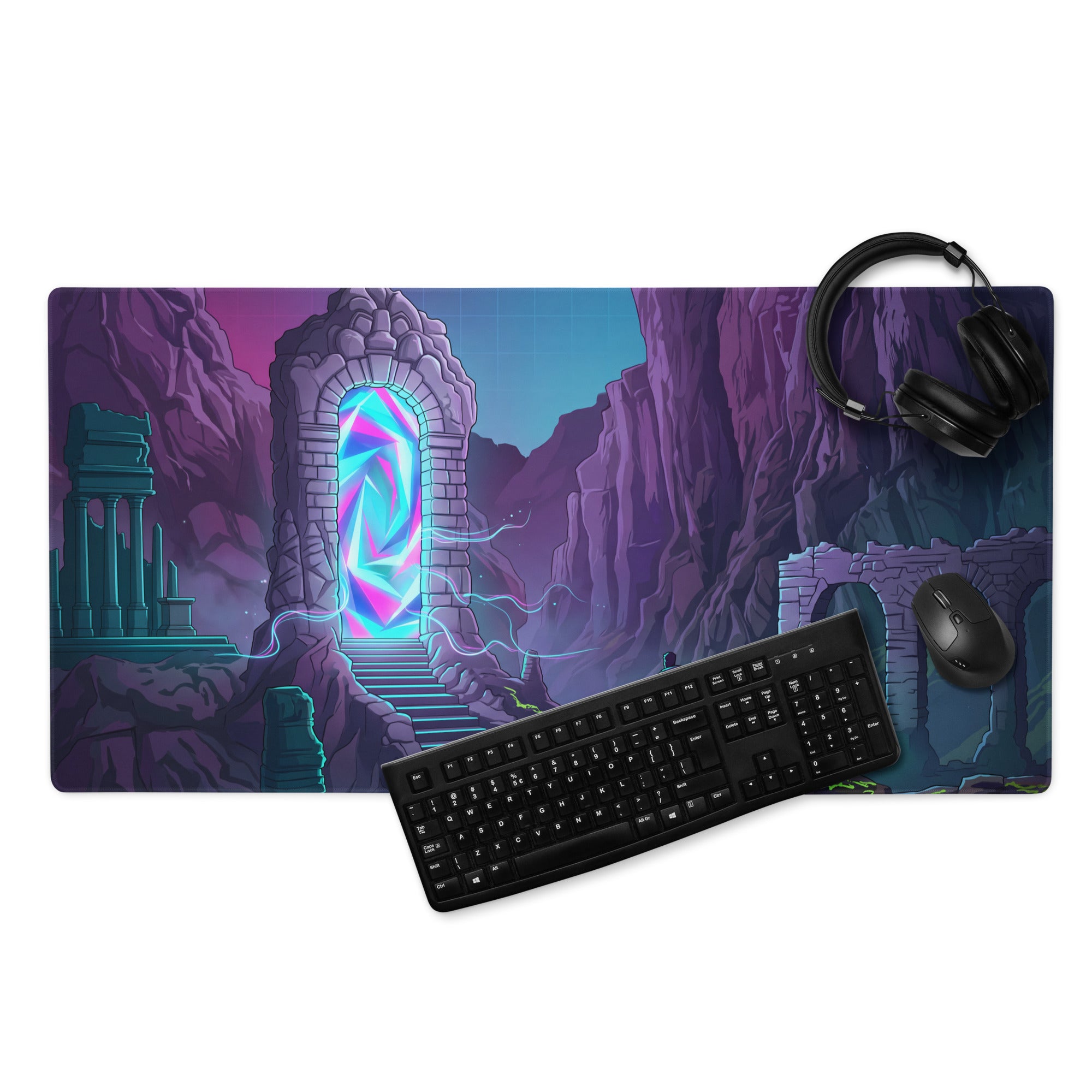 Vaporwave portal neon gaming mousepad with vibrant purple teal colors and glowing portal in ancient ruin design