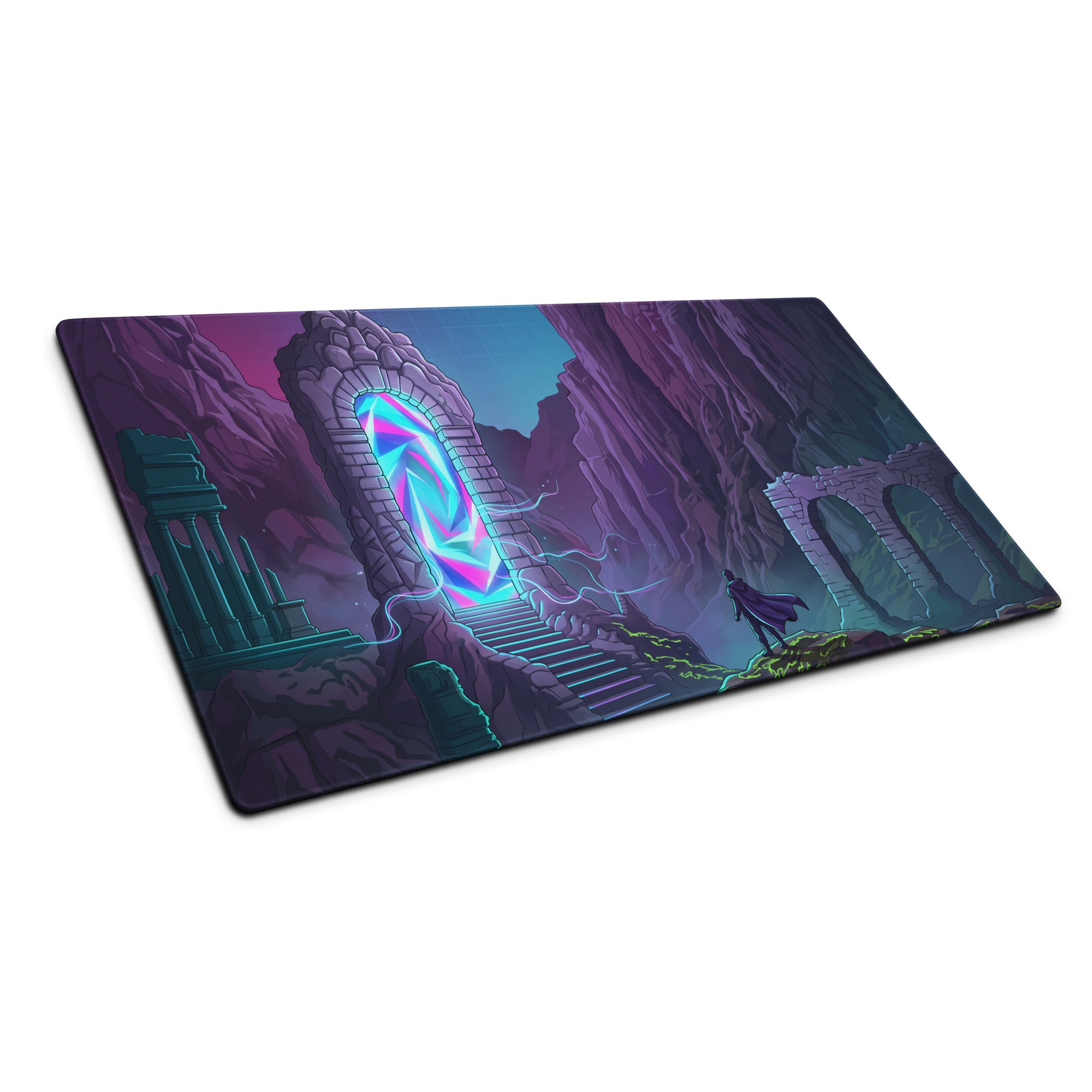 Rectangular gaming mousepad with vibrant purple and teal fantasy scene featuring a stone archway and glowing portal