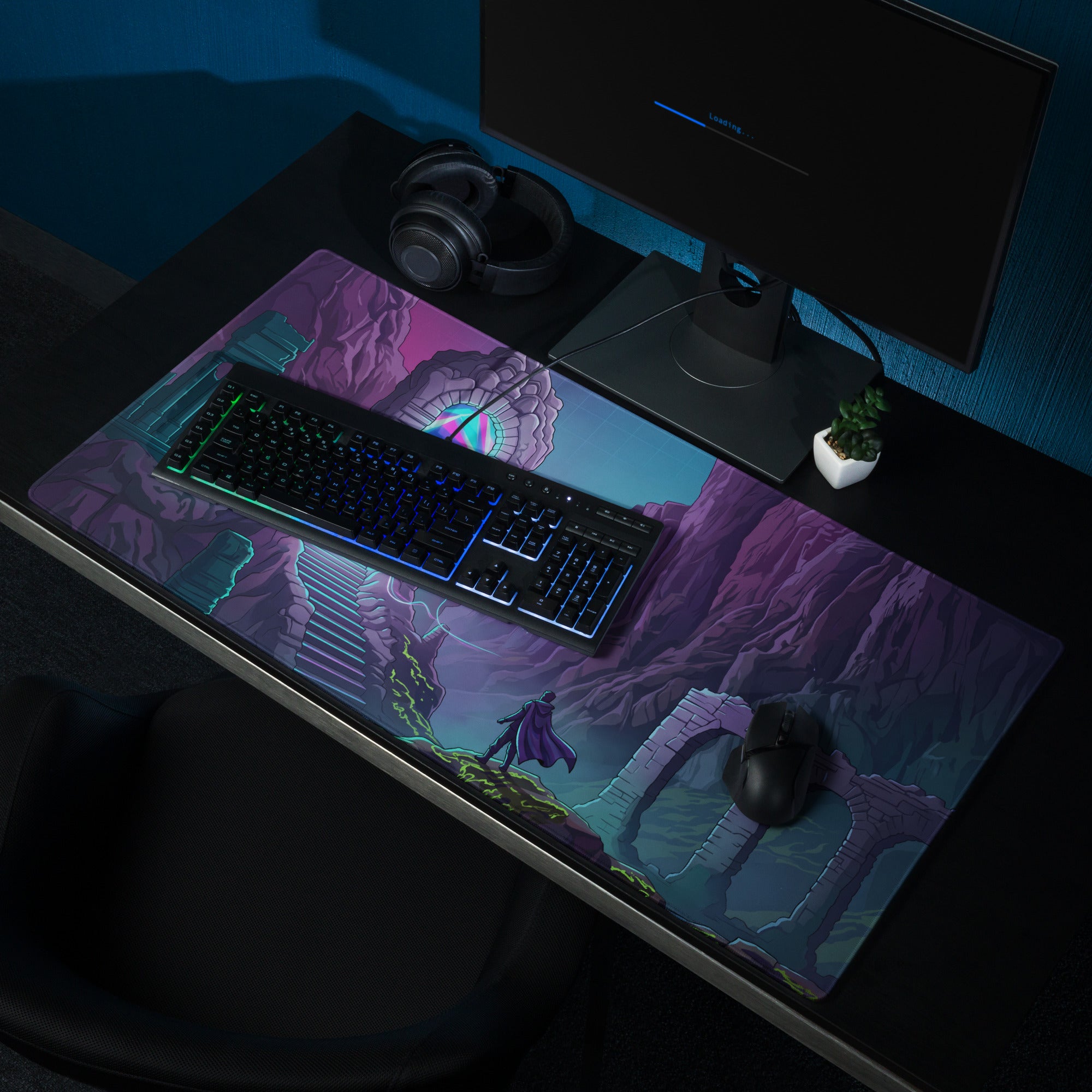 Vaporwave portal neon gaming mouse pad in purple pink and blue with a fantasy figure and ancient ruins illustration