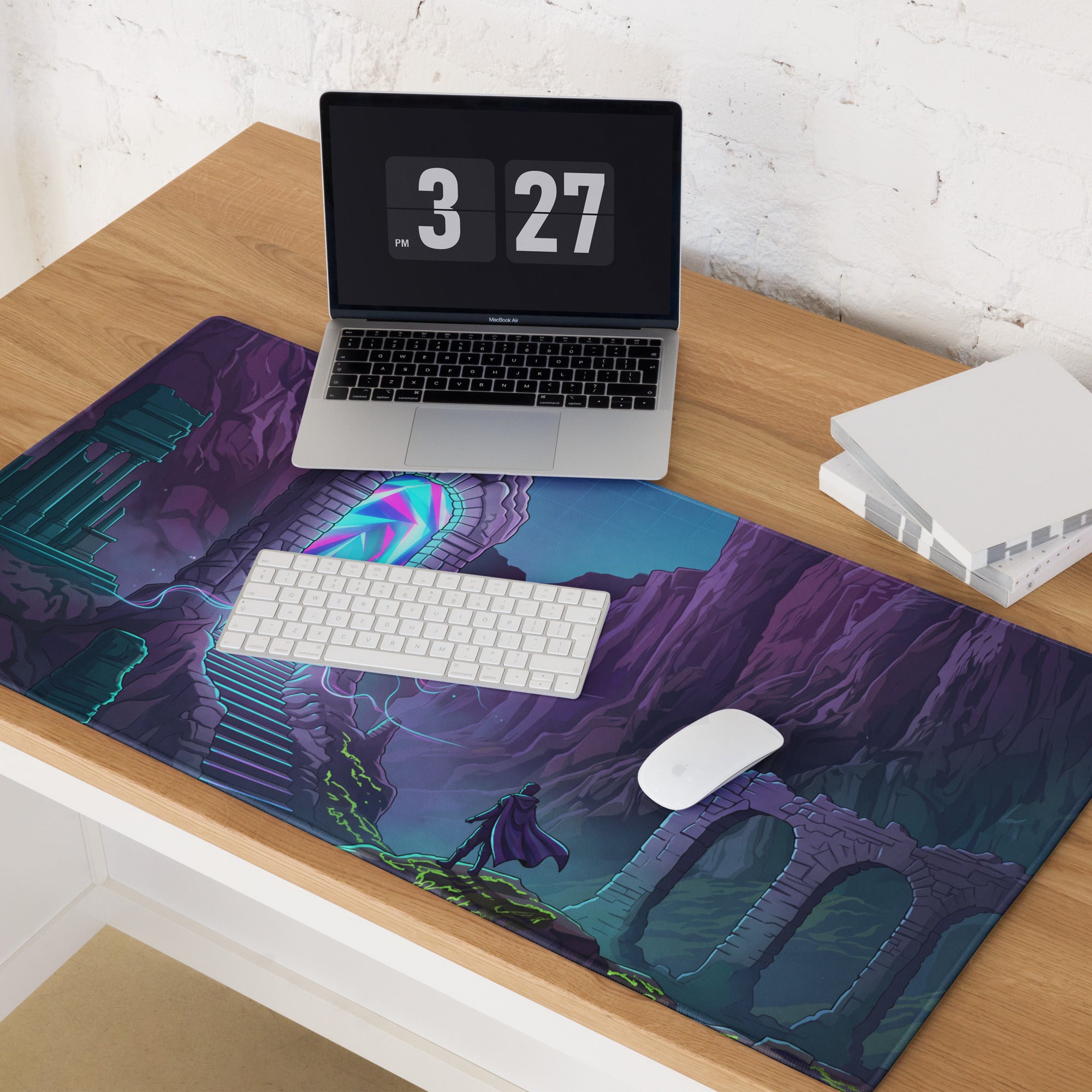 Vibrant purple and teal vaporwave portal neon gaming mouse pad featuring a character and glowing ancient ruins design