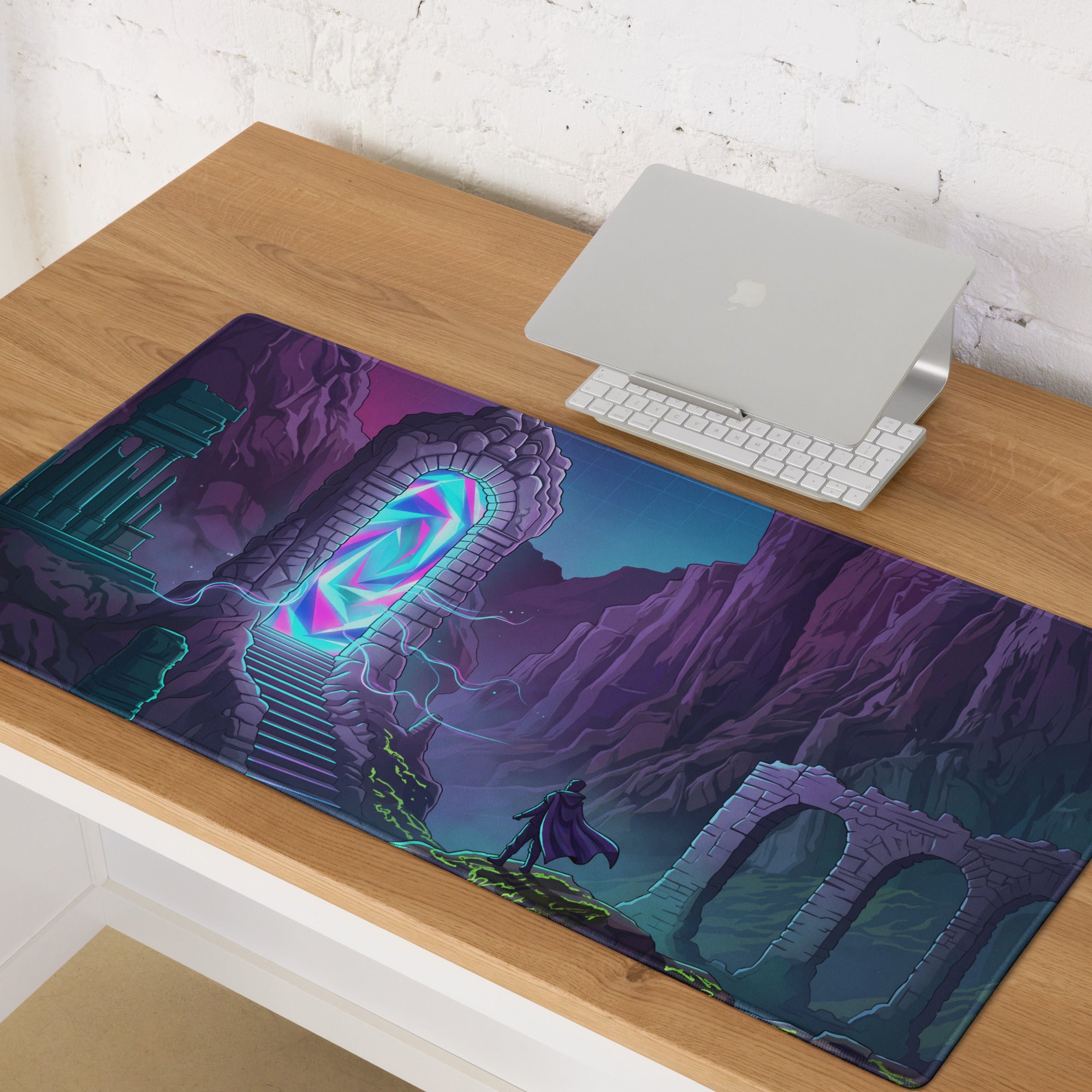 Vaporwave portal neon gaming mouse pad in vibrant purple teal featuring a glowing portal in ancient ruins design