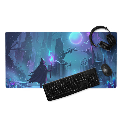 Neon night vaporwave arena mouse pad featuring a dark fantasy hooded figure with blue torch on blue purple gaming desk mat