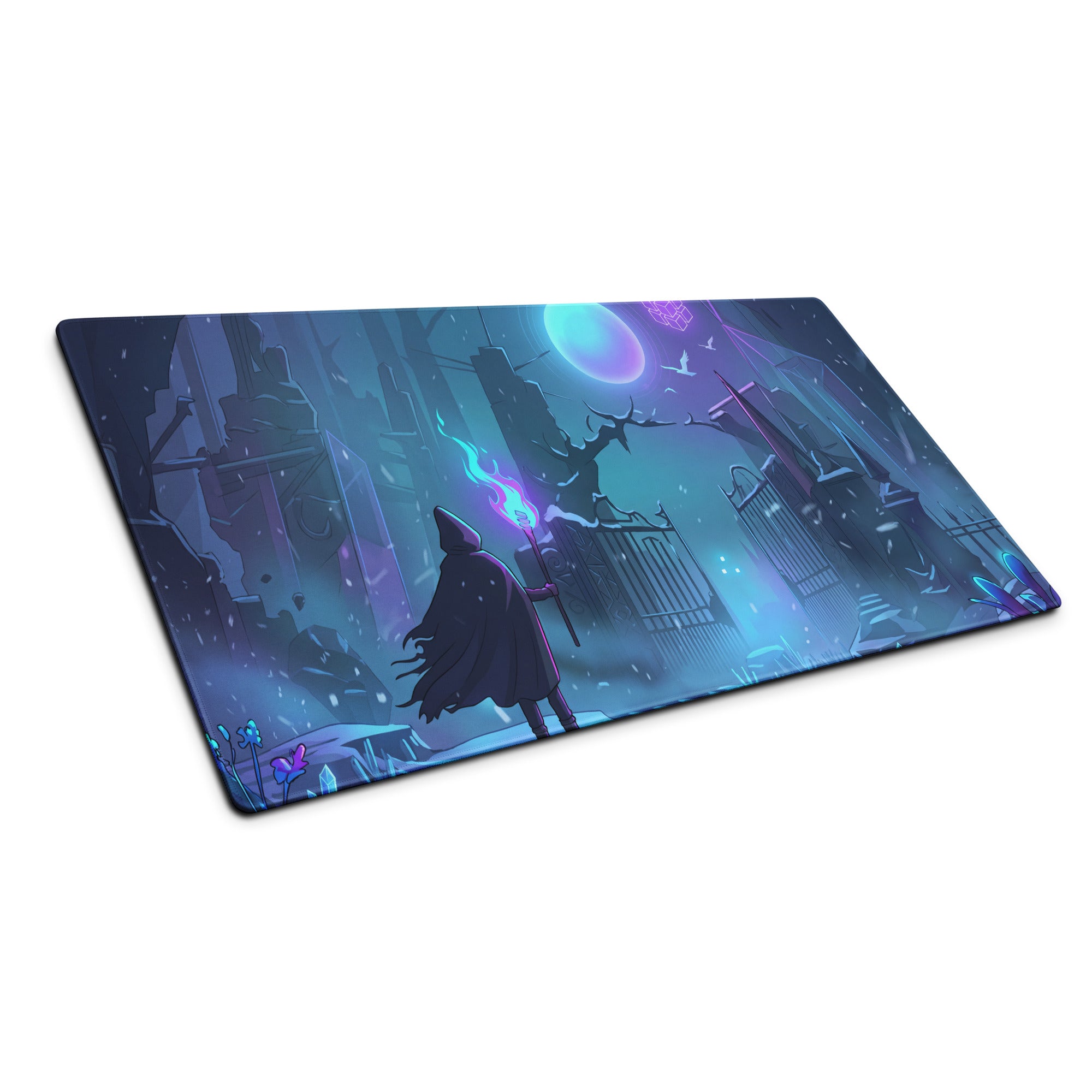 Rectangular blue and purple neon night vaporwave arena mouse pad with fantasy cloaked figure and glowing staff design