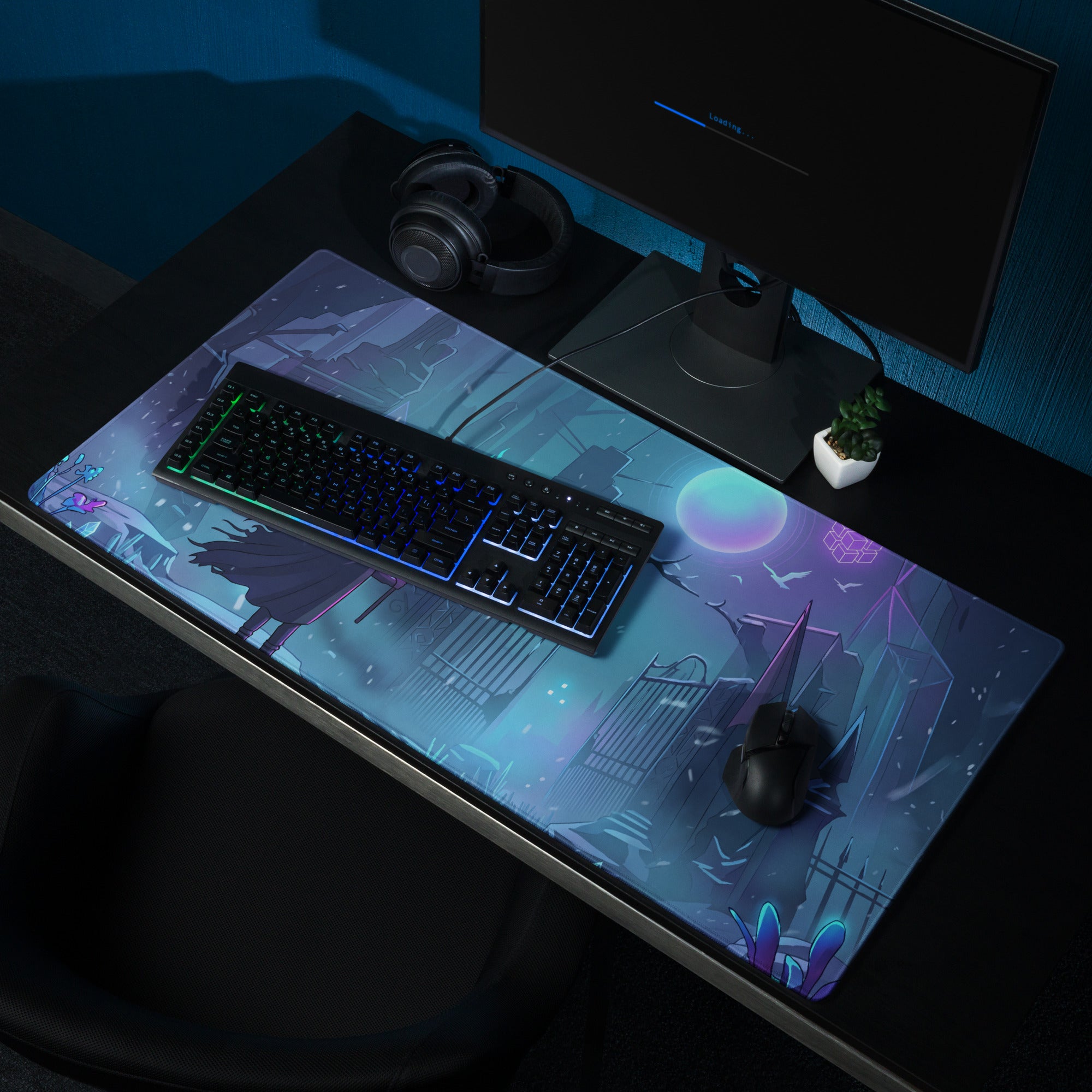 A large rectangular neon night vaporwave arena mouse pad with vibrant blue and purple anime cityscape design