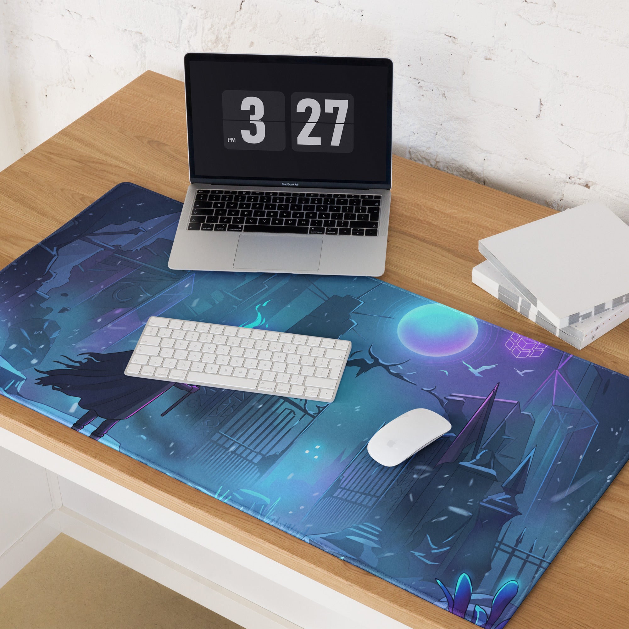 Neon night vaporwave arena mouse pad with blue and purple fantasy design featuring glowing orb and silhouetted figures