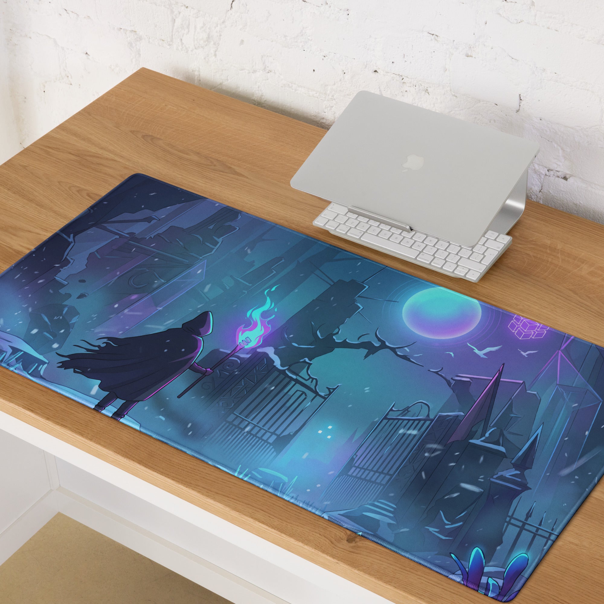 Rectangular neon night vaporwave arena mouse pad with dark fantasy cloaked figure in purple and blue cyberpunk hues