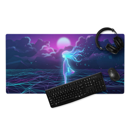 Vaporwave neon galaxy mouse pad featuring a glowing anime girl silhouette on a pink purple blue cyberpunk grid design