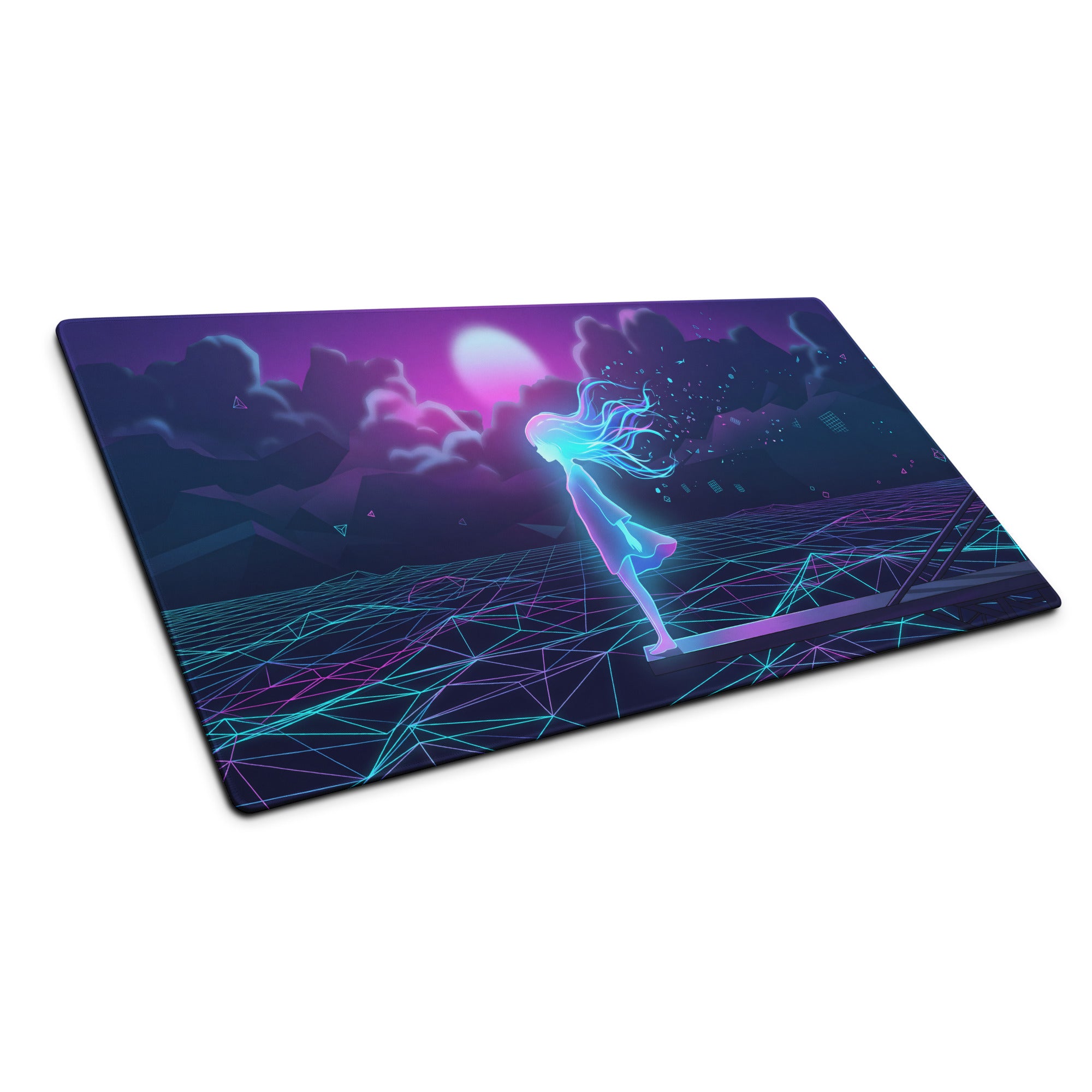 Rectangular gaming mousepad with vibrant neon pink purple and blue cyberpunk design featuring a glowing girl silhouette