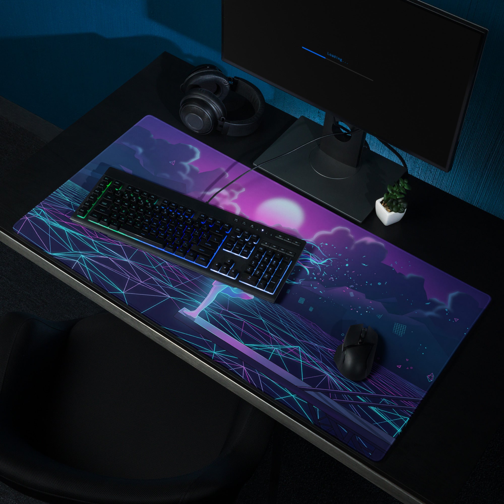 Vaporwave neon galaxy mouse pad with a vibrant purple and teal neon cyberpunk geometric glowing design