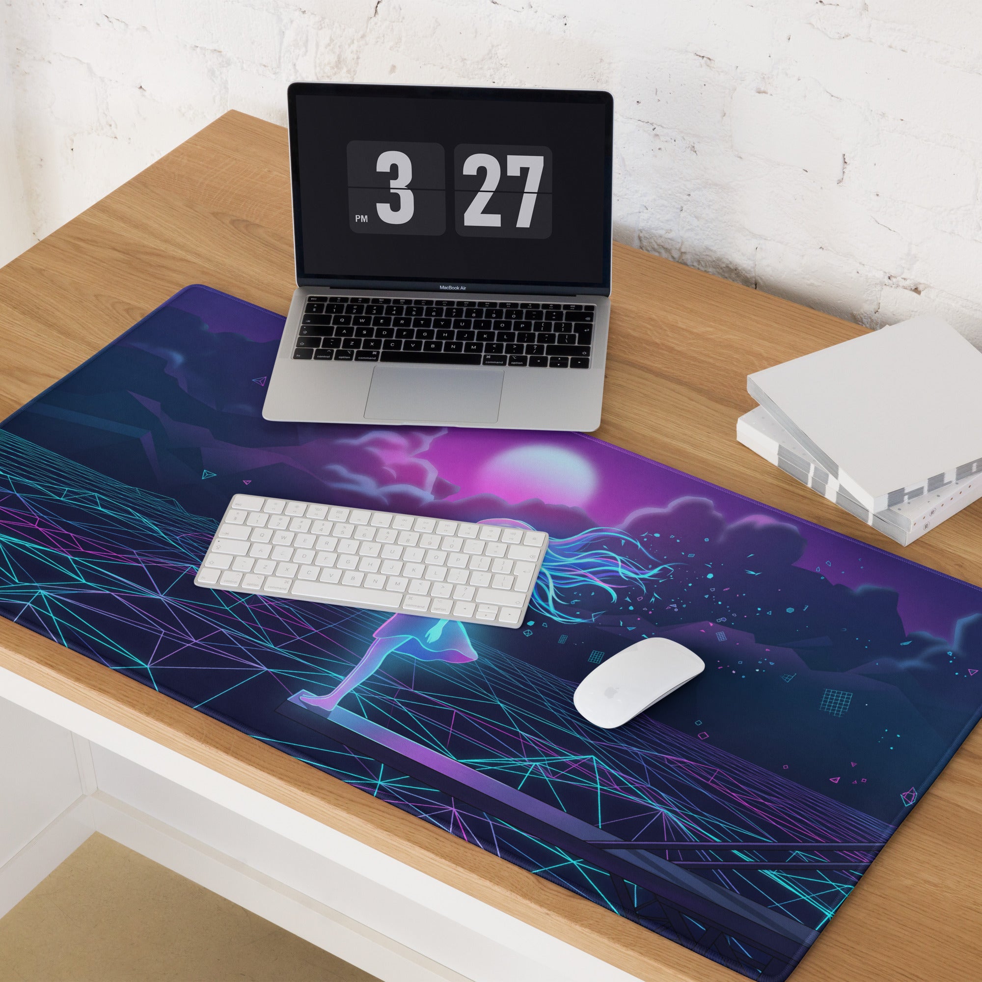 Navy blue and purple neon-lit cyberpunk gaming mouse pad with glowing digital runner vaporwave retro futuristic design