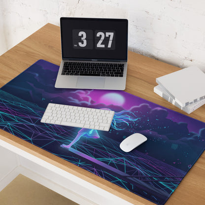 Navy blue and purple neon-lit cyberpunk gaming mouse pad with glowing digital runner vaporwave retro futuristic design