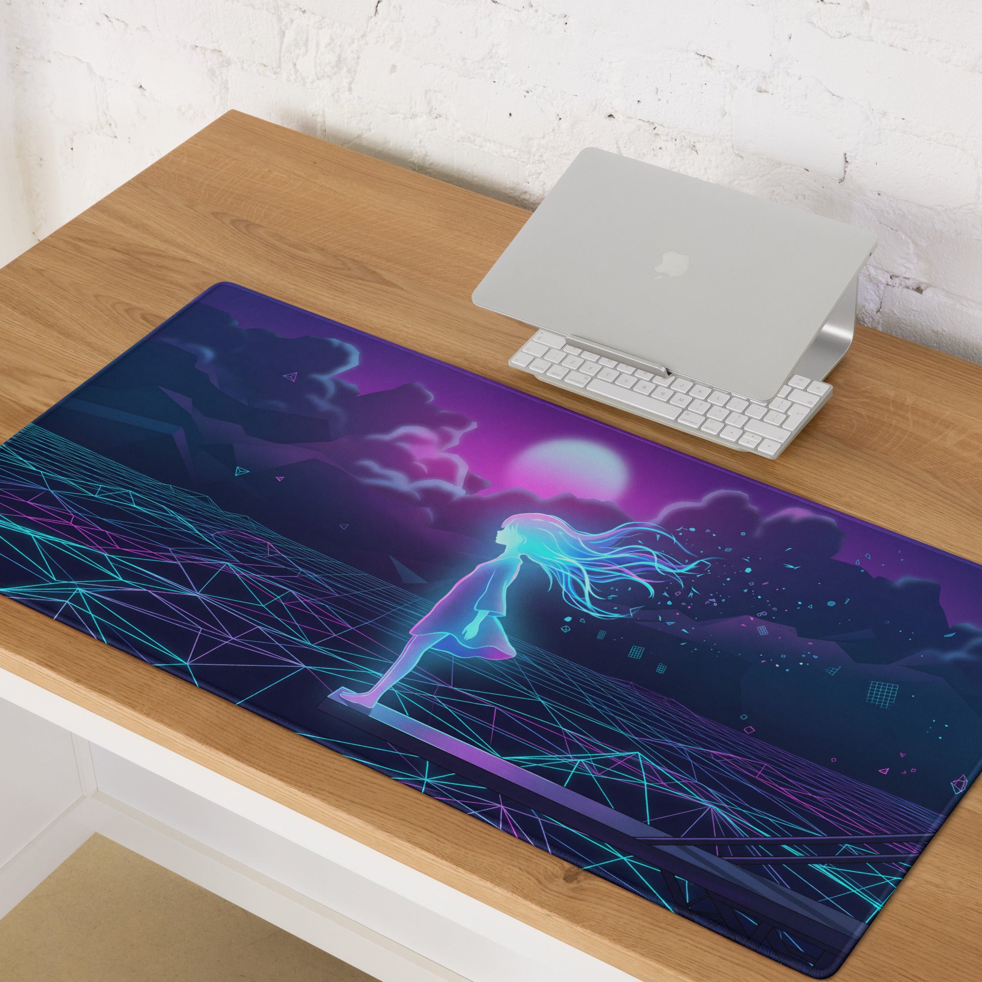 Vaporwave neon galaxy mouse pad featuring a glowing anime girl on a purple pink futuristic landscape with geometric lines