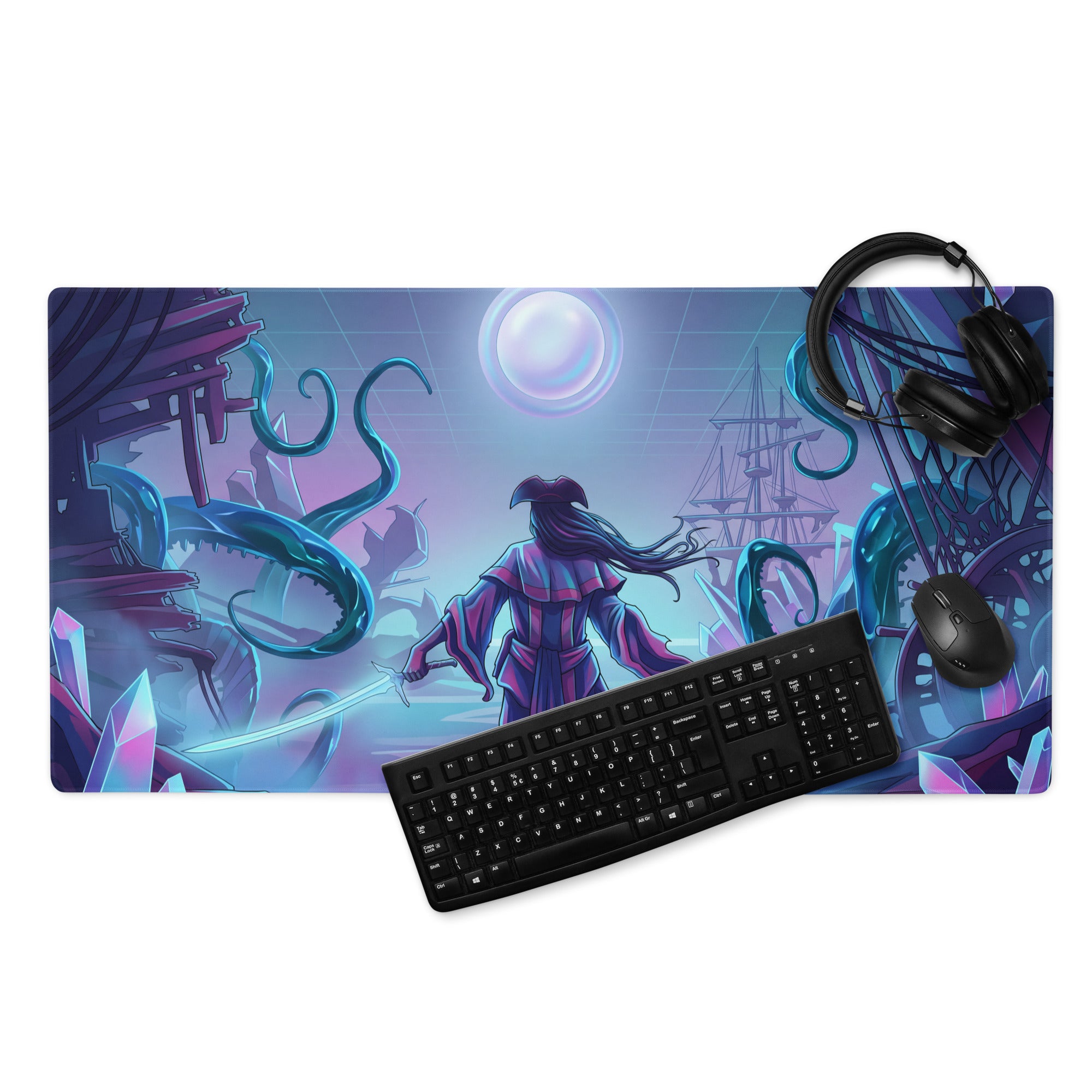 Rectangular gaming mousepad with vibrant purple and teal vaporwave fantasy scene featuring a sword-wielding figure under a glowing moon