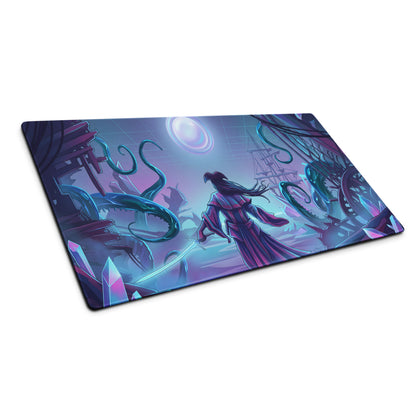 Neon vaporwave night city gaming mousepad in purple and teal with glowing crystals and a robed character design