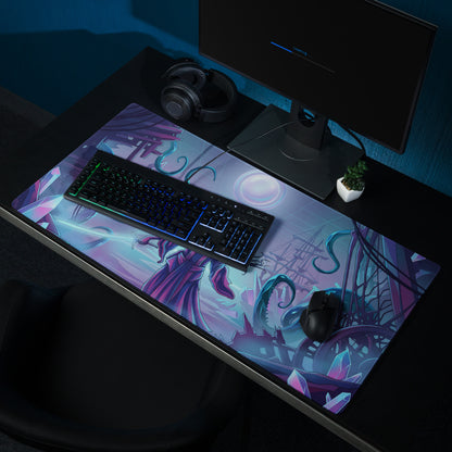 Neon vaporwave night city mouse pad with a purple teal cloaked figure and tentacles under a moonlit fantasy backdrop