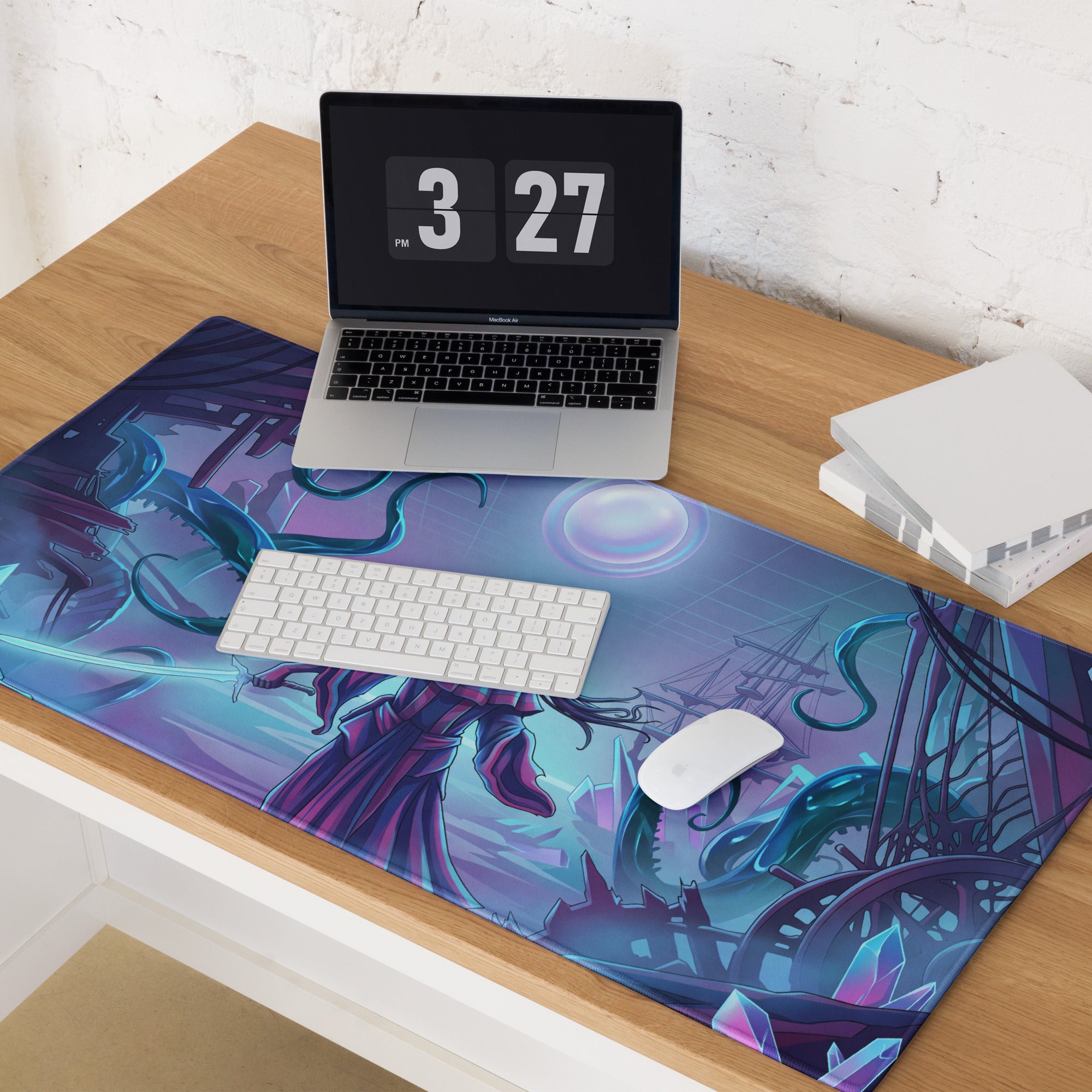 Purple and blue neon vaporwave night city gaming mouse pad with intricate figure tentacles and crystal illustrations