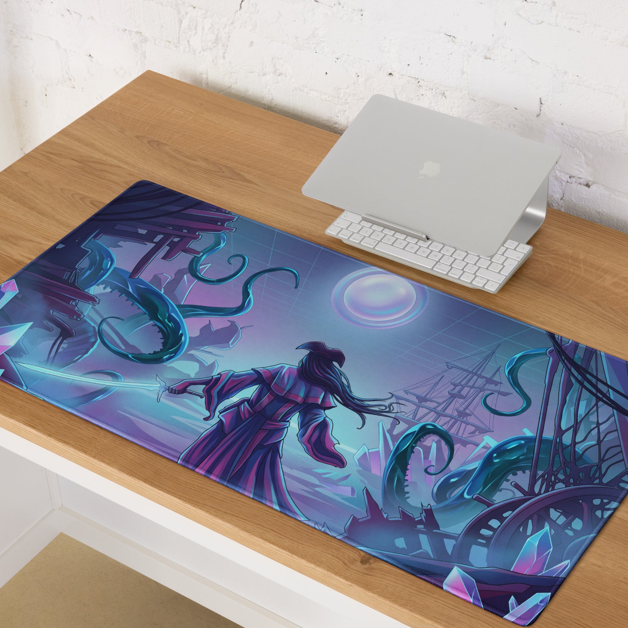 Neon vaporwave night city mouse pad with purple and teal fantasy design featuring a sword-wielding character under a glowing moon