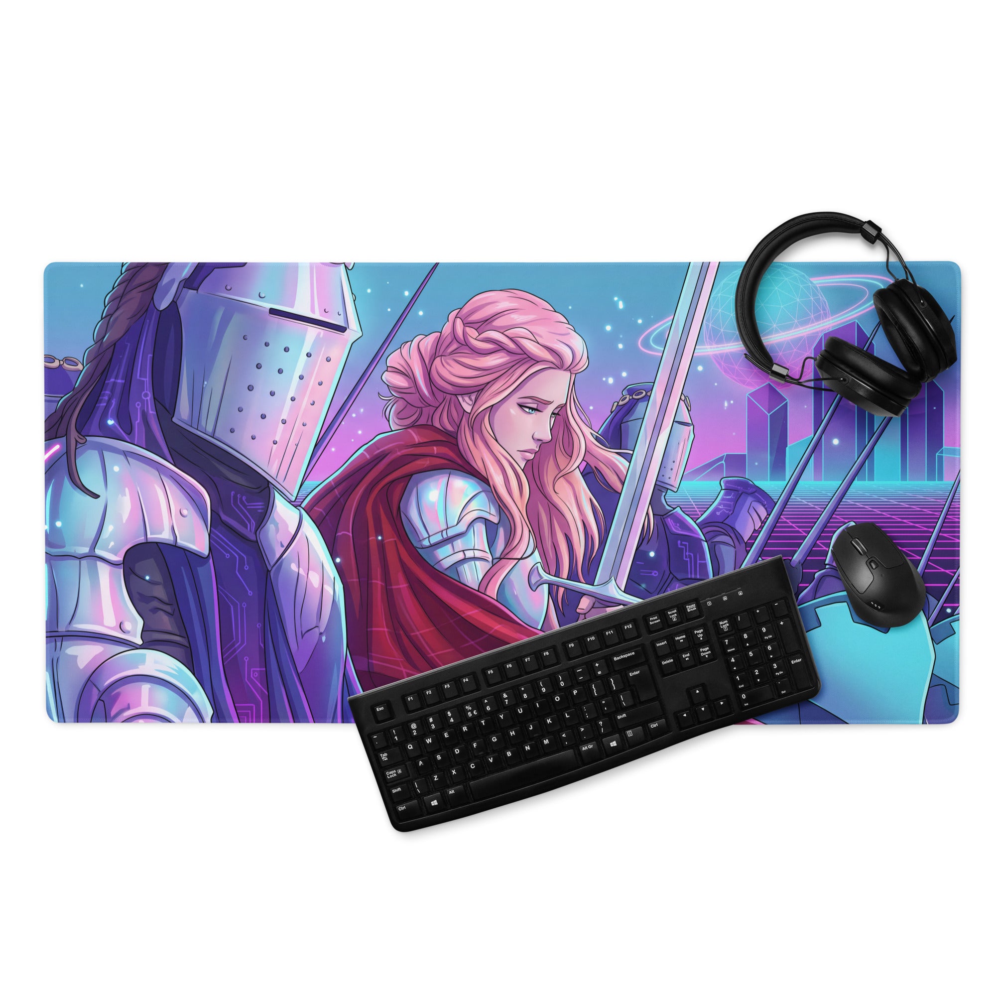 Neon knight vaporwave rectangular gaming mousepad with pink-haired warrior and knight on a neon cityscape background