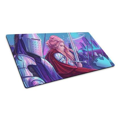 Rectangular gaming mousepad with vibrant pink-haired armored warrior and neon pink blue vaporwave cityscape design
