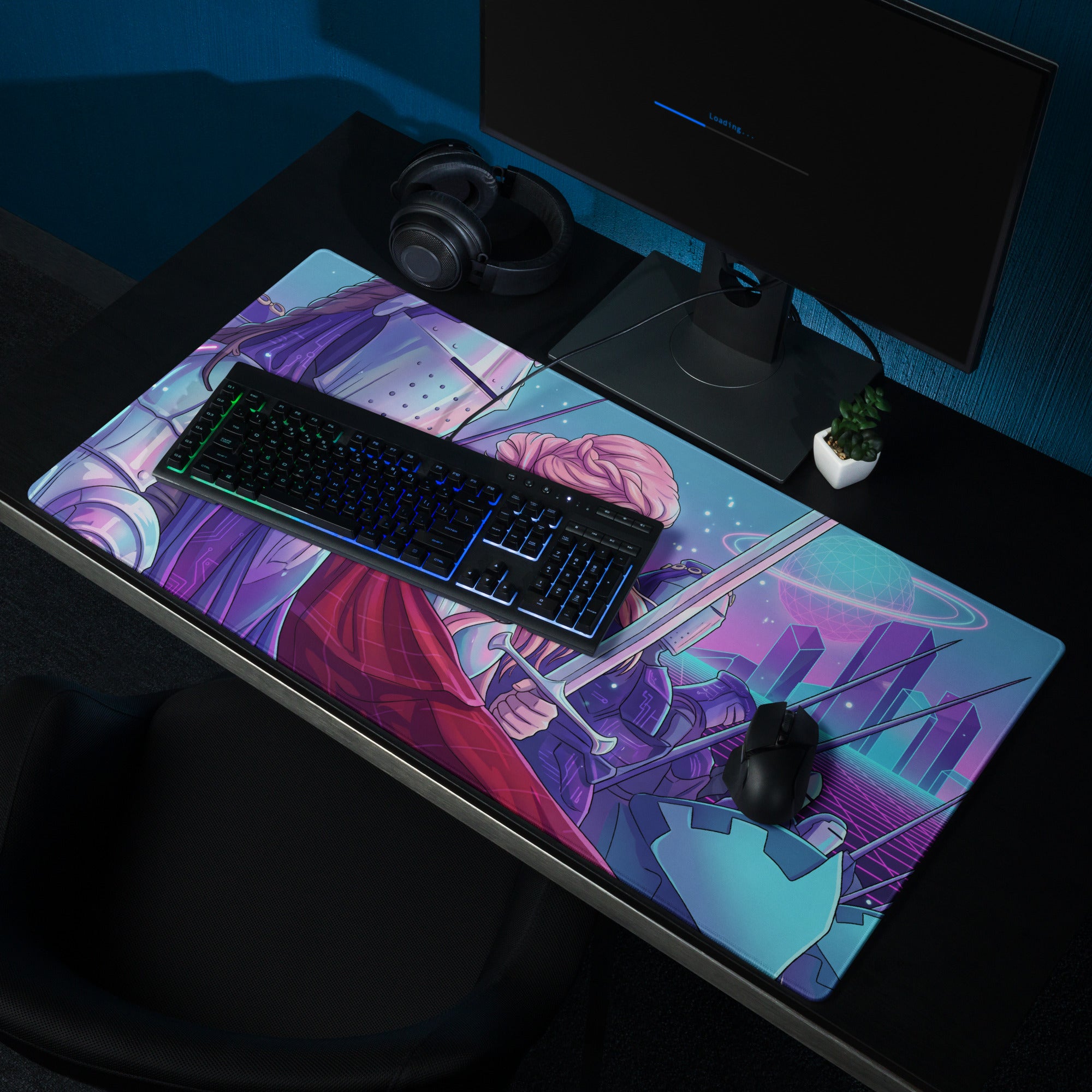 Vibrant purple and pink neon knight vaporwave gaming mousepad with detailed futuristic armor anime characters design