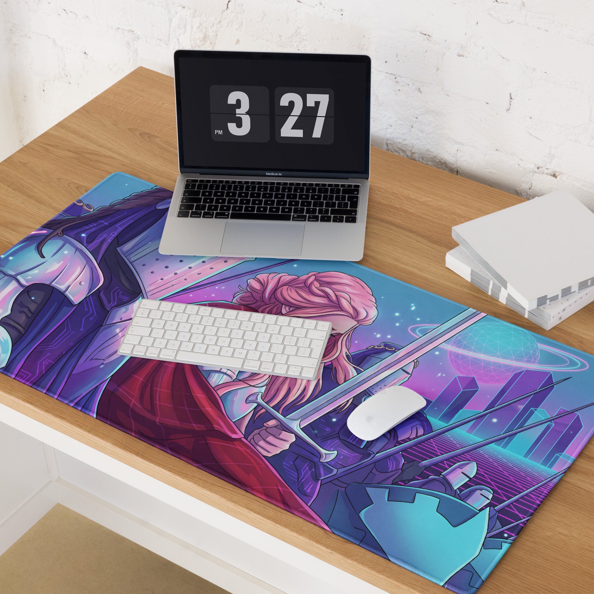 Vibrant purple and blue neon knight vaporwave mouse pad featuring a pink-haired fantasy warrior with a sword on a futuristic cityscape