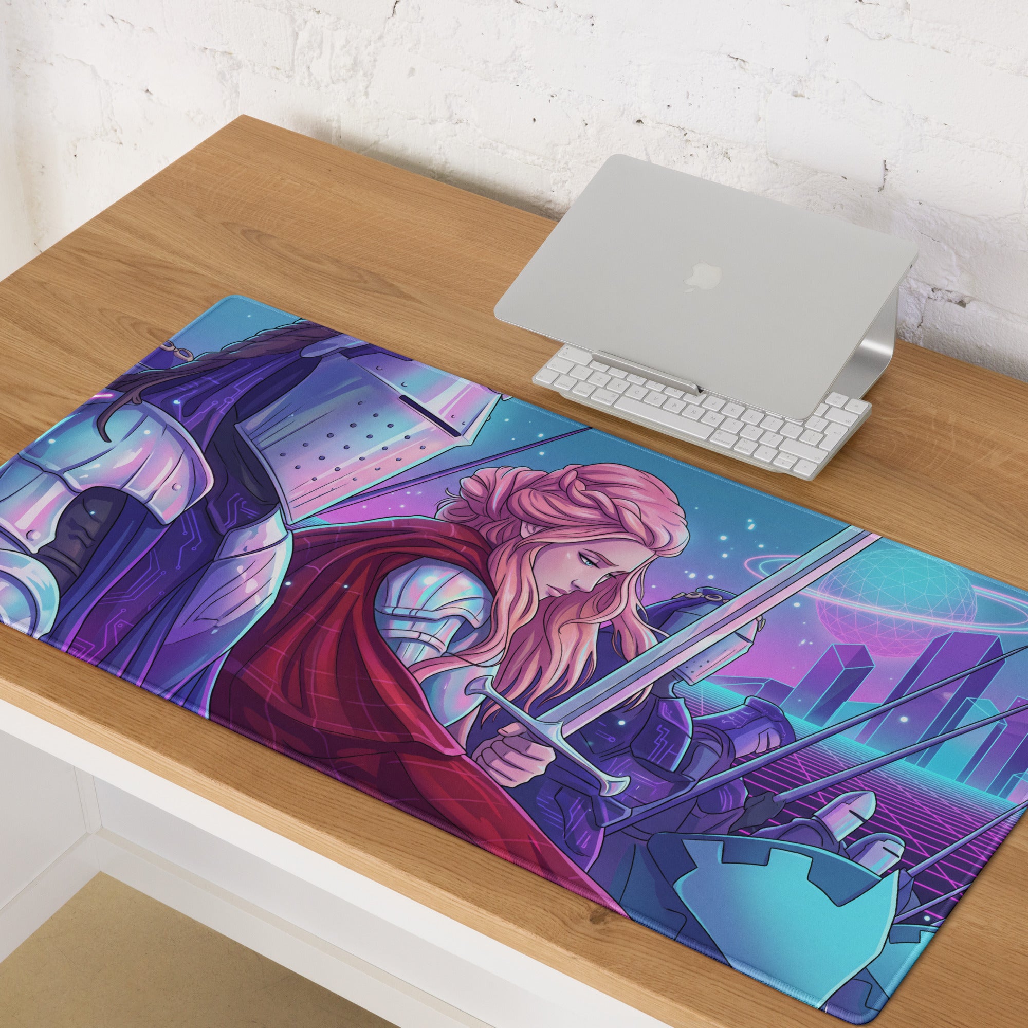 Neon knight vaporwave gaming mousepad with pink-haired warrior in purple armor and red cape on futuristic cityscape