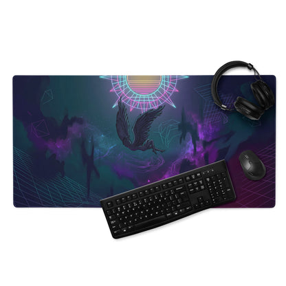 Vaporwave neon owl gaming mouse pad with winged figure cosmic design in purple teal and pink for vibrant desktop use