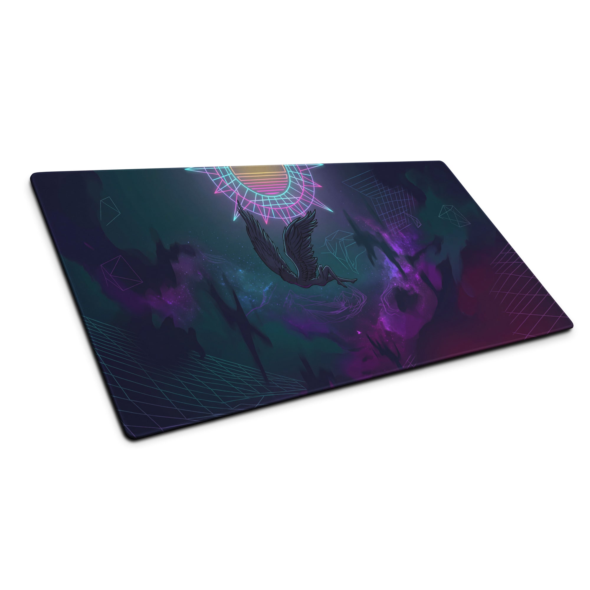 Vaporwave neon owl gaming mouse pad in neon pink and purple with winged figure design for cyberpunk desk decor
