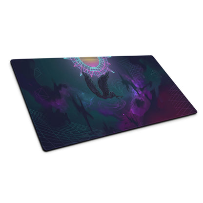 Vaporwave neon owl gaming mouse pad in neon pink and purple with winged figure design for cyberpunk desk decor