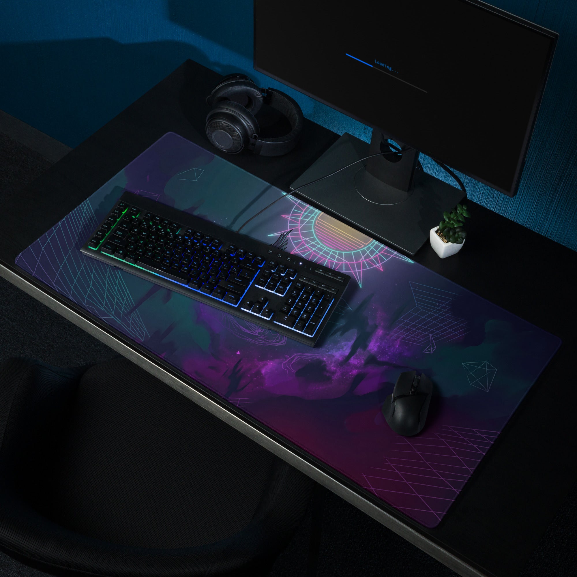 Vaporwave neon owl gaming mouse pad with nebula-themed purple pink teal gradient and geometric patterns