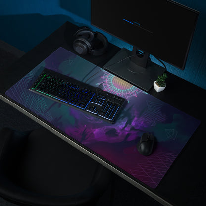Vaporwave neon owl gaming mouse pad with nebula-themed purple pink teal gradient and geometric patterns