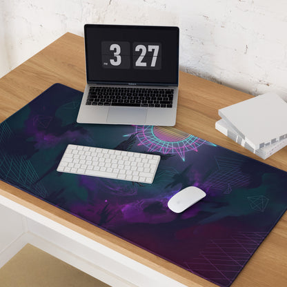 Rectangular dark purple and teal vaporwave neon owl mouse pad with pink and blue geometric cyberpunk design