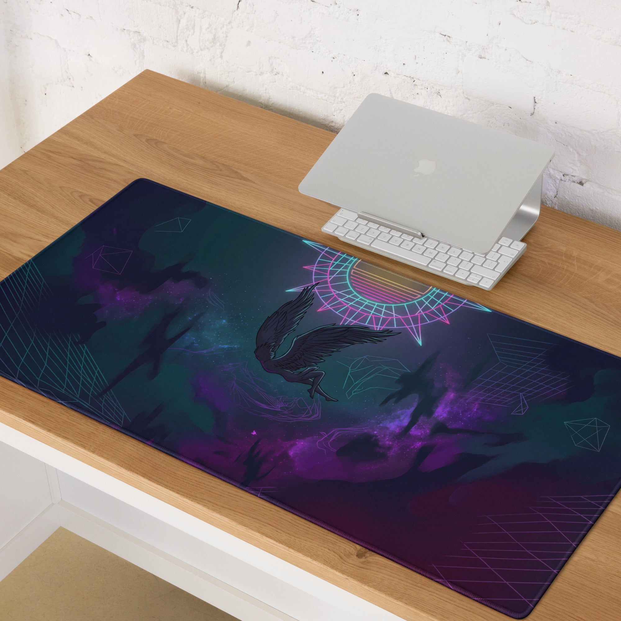 Vaporwave neon owl gaming mouse pad with dark cosmic purple nebulae black winged silhouettes and neon pink patterns