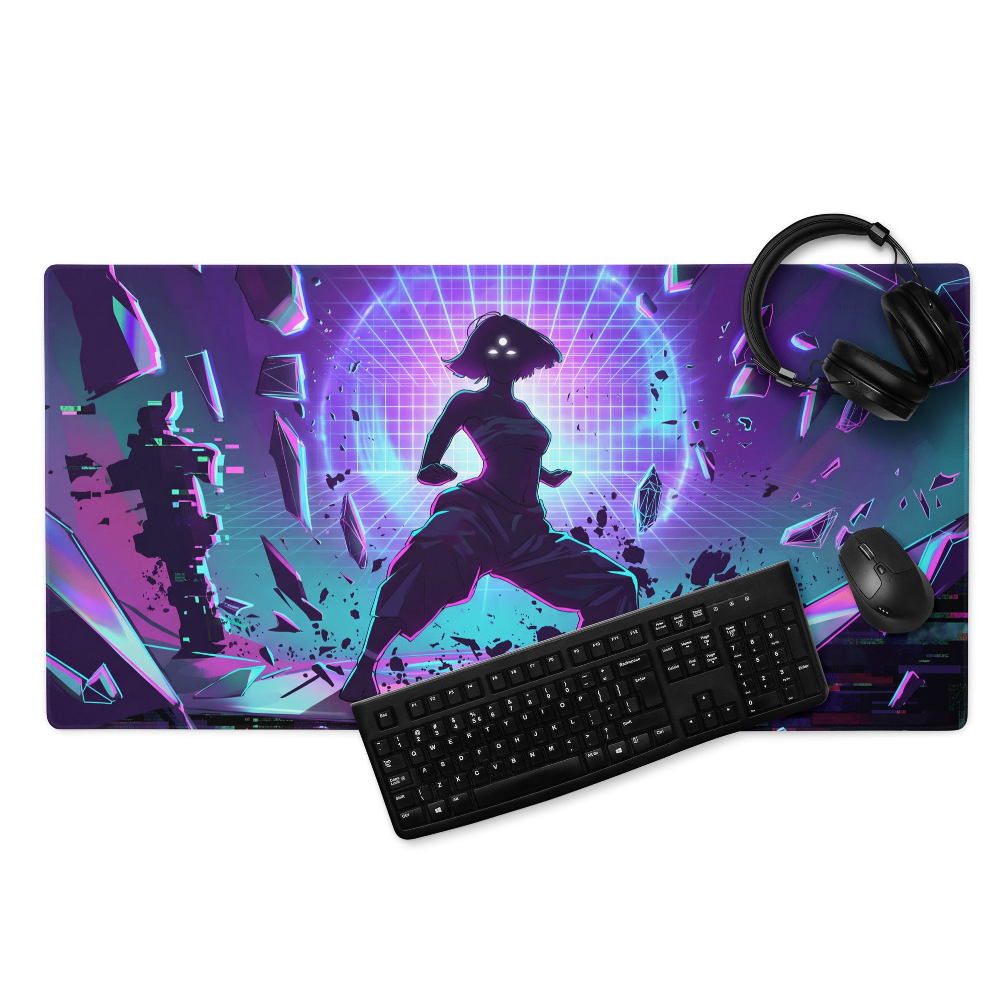 Neon vaporwave grid mouse pad in vibrant purple and teal featuring a female silhouette with shattered glass effects