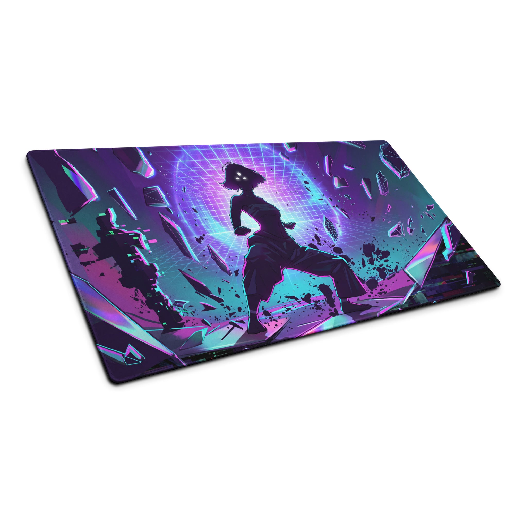 Neon vaporwave grid mouse pad with vibrant purple and teal neon anime character and shattered glass effect design