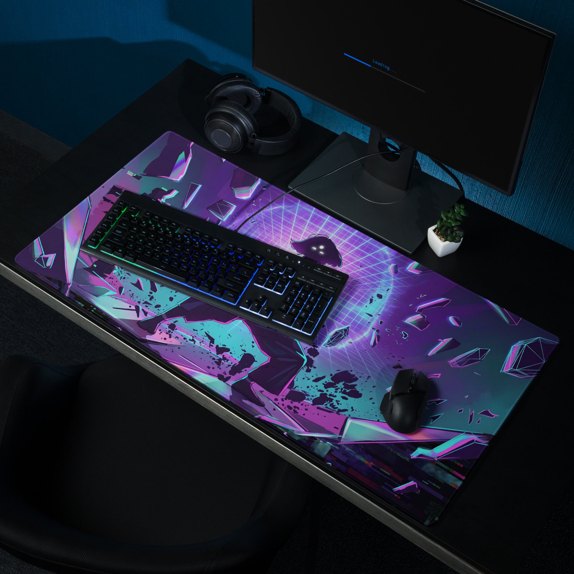 Vibrant purple and teal cyberpunk gaming mousepad with geometric shards and glowing grid patterns for desk use
