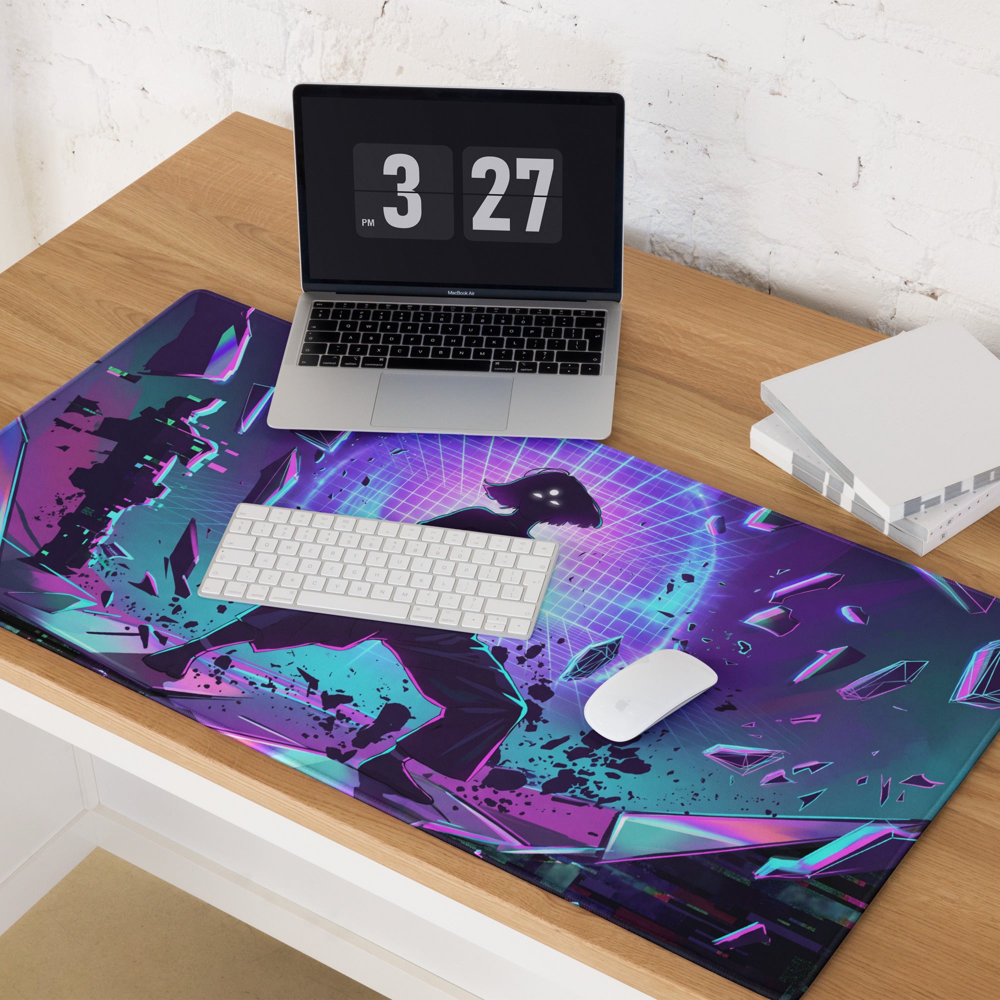 Vibrant purple and teal cyberpunk gaming mouse pad featuring futuristic character design for vaporwave desk setup