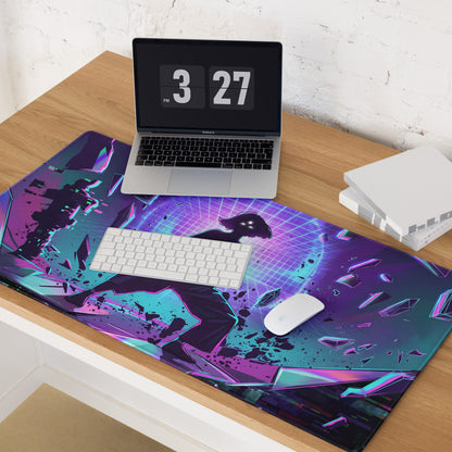 Vibrant purple and teal cyberpunk gaming mouse pad featuring futuristic character design for vaporwave desk setup