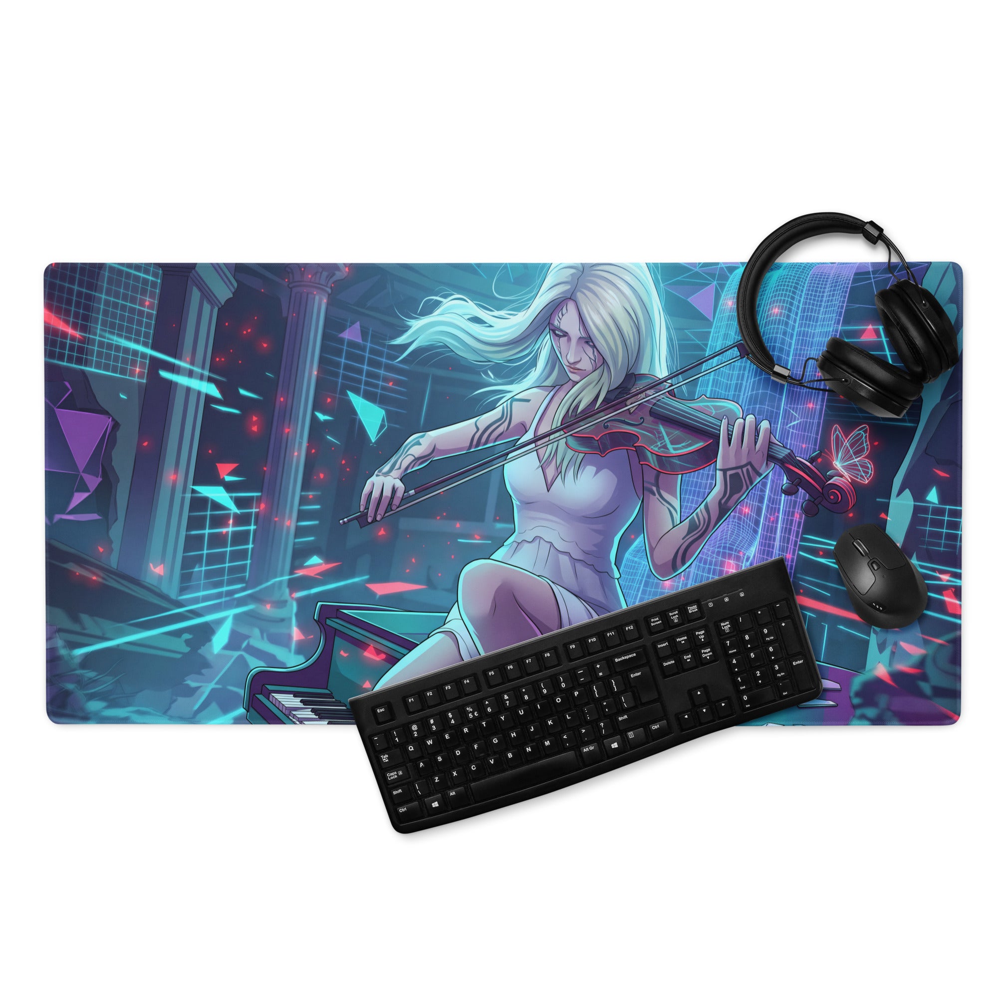 Nebula-themed vaporwave neon blue gaming mousepad featuring a blonde violinist with glowing geometric cyberpunk art