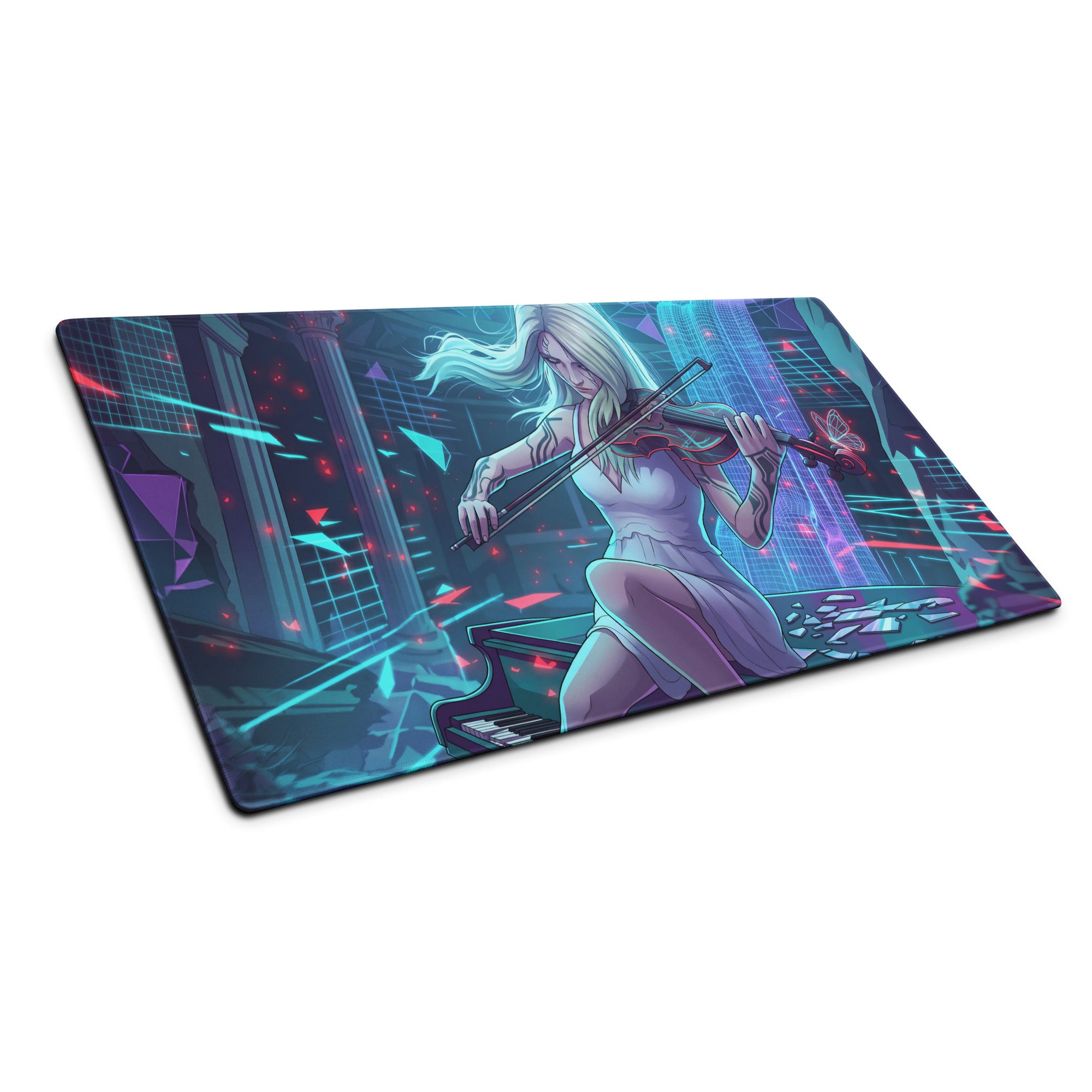 Narrow rectangular gaming mousepad with vibrant vaporwave digital art of a blonde violinist in white dress neon cityscape