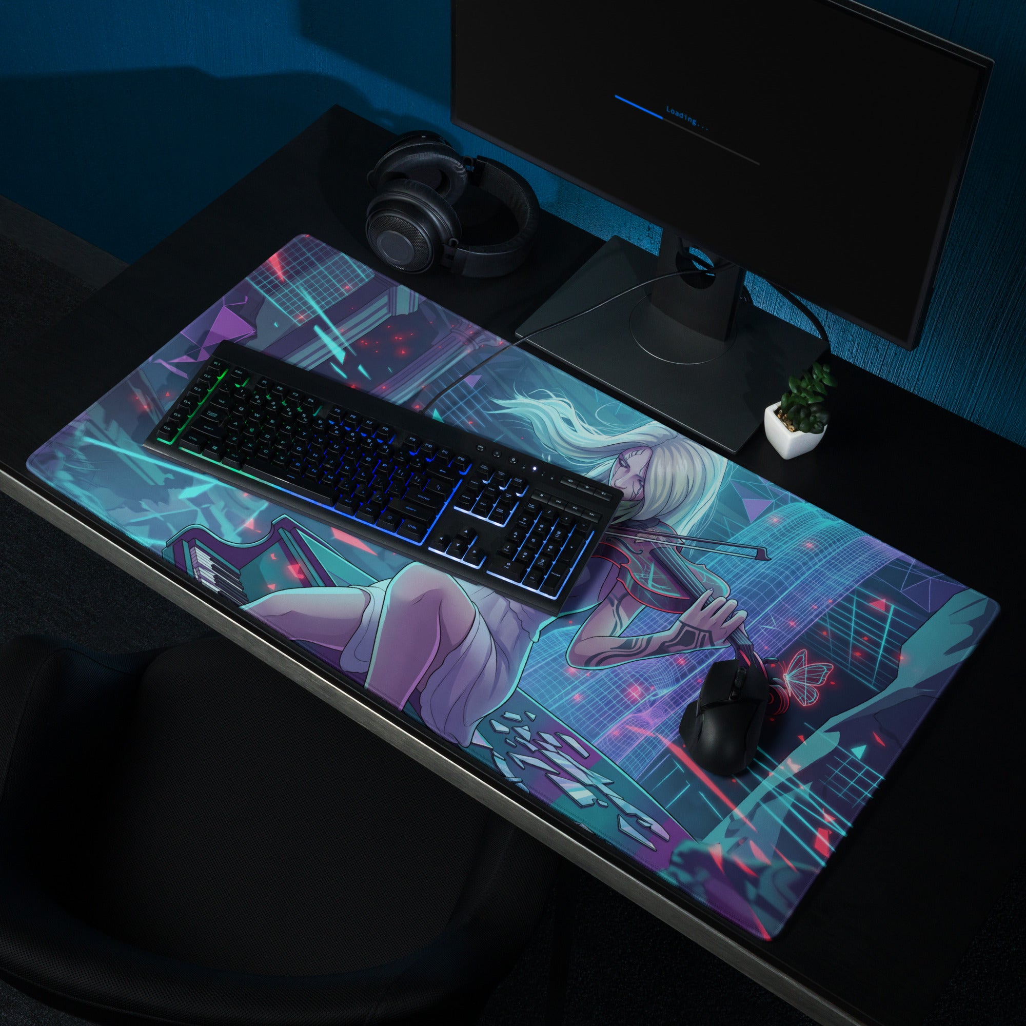 Vaporwave neon violinist rectangular gaming mousepad with anime blonde character in blue and purple cyberpunk hues