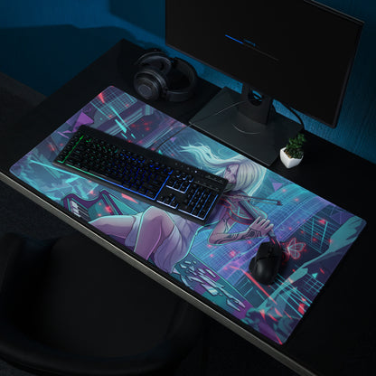 Vaporwave neon violinist rectangular gaming mousepad with anime blonde character in blue and purple cyberpunk hues